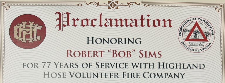 Tarentum Borough Honors Robert “Bob” Sims for 77 Years of Fire Service